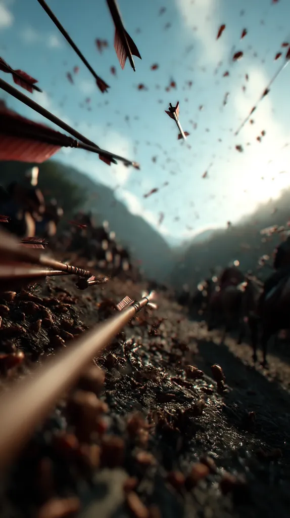 A ground-level view of numerous arrows impacting the ground during a fierce battle.  The arrows are scattered across a muddy battlefield, some still airborne, flying towards a distant army. The sun shines brightly in the background, illuminating the chaotic scene and highlighting the intensity of the conflict.  The image emphasizes the sheer volume of projectiles and the brutality of the fight.
