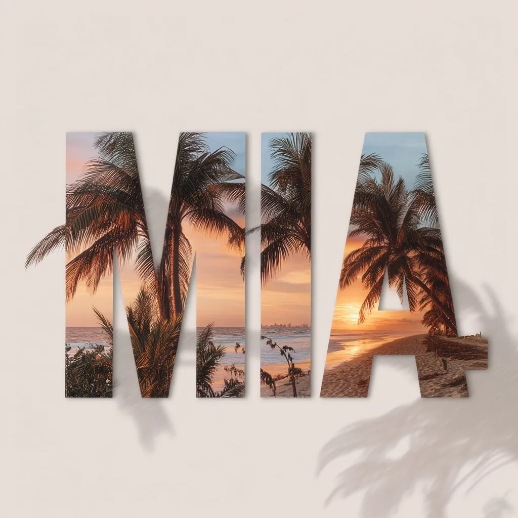 The letters M-I-A are displayed against a light beige background.  Each letter is filled with a vibrant image of a tropical sunset beach scene, featuring palm trees silhouetted against the orange and pink sky.  The letters cast subtle shadows, enhancing the overall aesthetic. The scene evokes a feeling of warmth and relaxation.