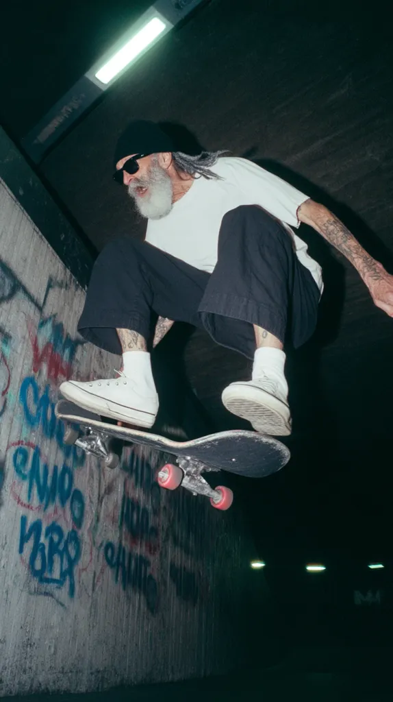 A low-angle, close-up shot captures an older man with a long white beard and tattoos skateboarding under a dimly lit overpass. He's wearing sunglasses, a white t-shirt, dark pants, and white socks with classic canvas sneakers. The skateboard is in mid-air, and graffiti decorates the concrete wall behind him.  The overall mood is dark and gritty.