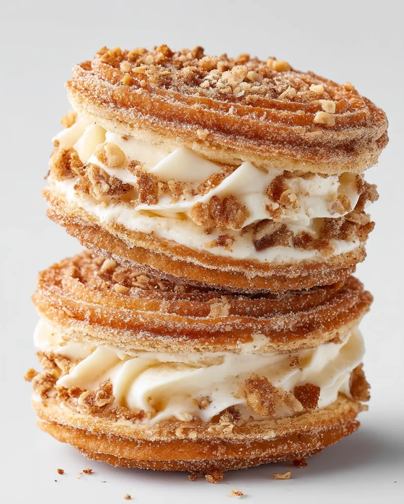 Two churros are stacked, layered with a creamy vanilla frosting and sprinkled with cinnamon sugar.  The churros are thick, crispy, and golden brown.  The frosting is fluffy and generously fills the space between the churro layers. The overall appearance is decadent and sweet.