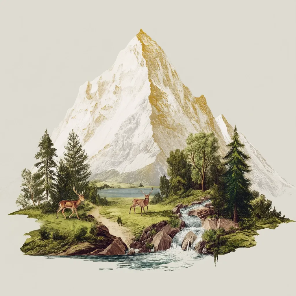 A picturesque landscape featuring a majestic snow-capped mountain dominates the background.  In the foreground, a serene valley unfolds, complete with a tranquil stream cascading down rocky terrain. Lush greenery, coniferous trees, and two graceful deer populate the idyllic scene.  The overall style suggests a vintage or antique illustration, possibly a romantic depiction of Alpine scenery.