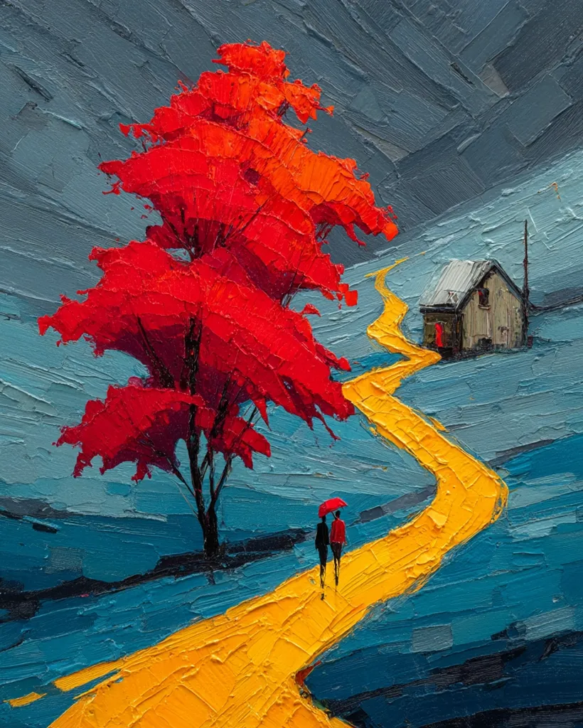 A vibrant impasto painting depicts a winding yellow path leading to a small house under a gray sky. A striking red tree stands beside the path, where a couple walks under a red umbrella.  The bold colors and thick paint create a textured, emotional landscape, suggesting a journey and a sense of intimacy. The overall mood is melancholic yet hopeful.