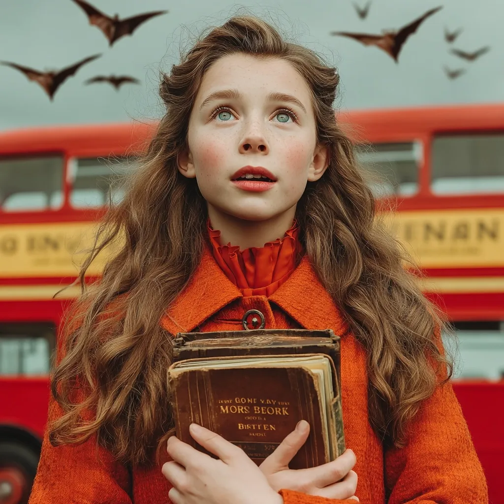 A young girl with long, auburn curls gazes upward, clutching a stack of antique books.  She wears a vibrant orange coat against the backdrop of a classic red double-decker bus.  Bats fly overhead, adding a whimsical, slightly eerie element to the scene.  The overall mood is dreamy and nostalgic, hinting at a fantasy or fairytale setting.