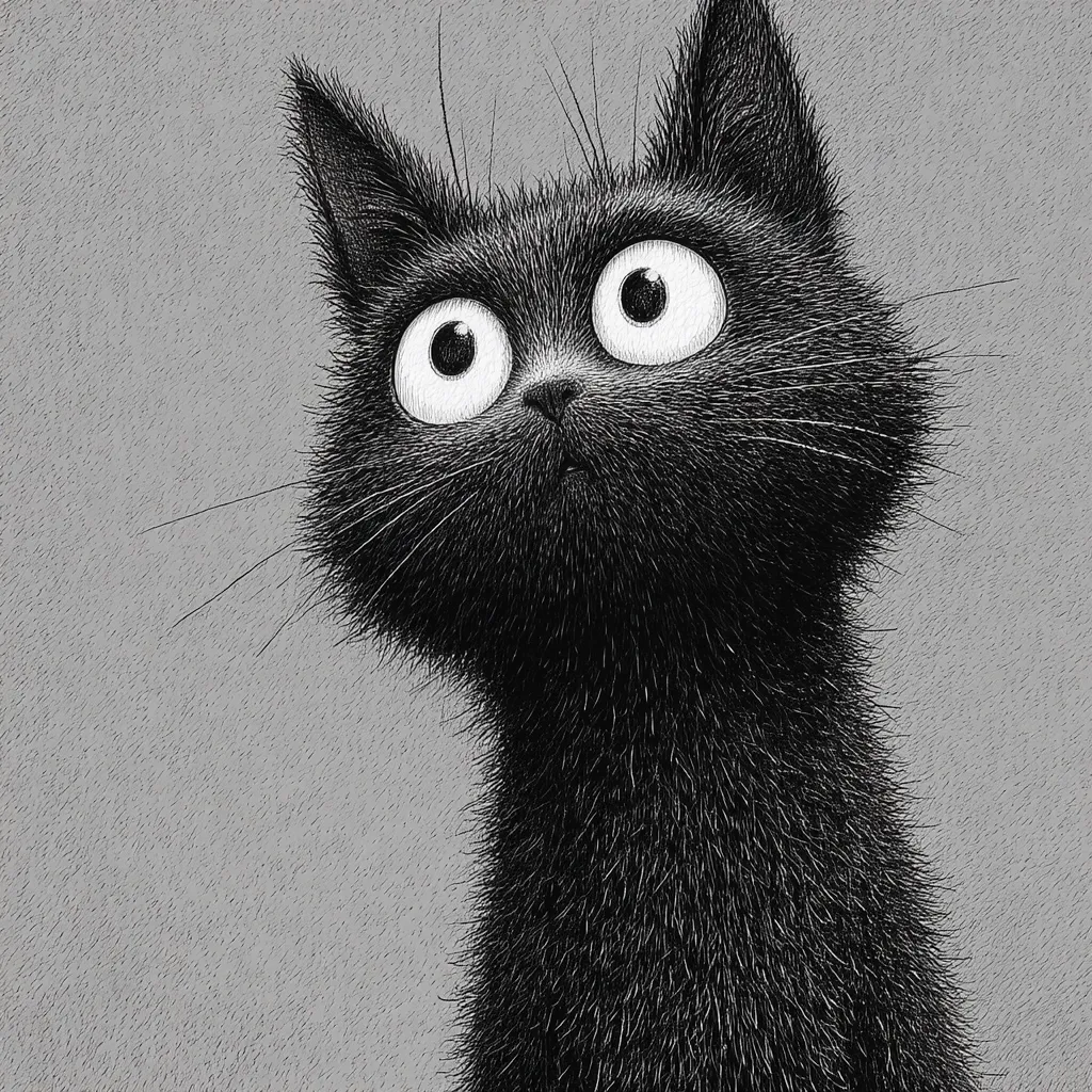 A stylized illustration of a black cat with large, expressive eyes.  The cat's fur is depicted with meticulous detail, appearing fluffy and textured. Its head is tilted upwards, creating a curious and inquisitive expression.  The monochromatic palette emphasizes the cat's features, giving it a whimsical and charming quality. The background is a muted grey, providing a neutral backdrop to the striking black cat.