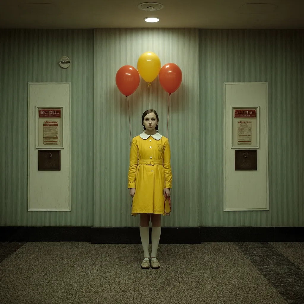 A young girl in a yellow coat stands in a dimly lit hallway, three balloons (red, yellow, red) floating above her head.  The setting appears to be an older building, with muted green walls and vintage-style notices on the wall. The overall mood is eerie and slightly unsettling.  The girl's expression is serious and neutral.