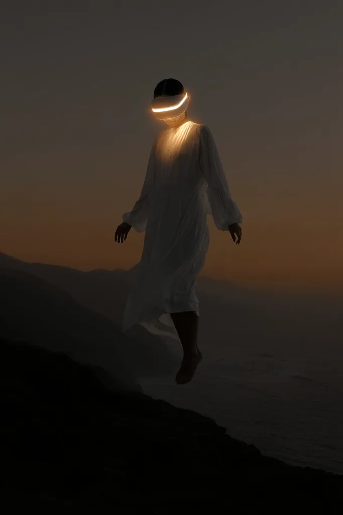 A person in a flowing white robe and a glowing headset appears to levitate above a dark, coastal landscape at sunset.  The scene is ethereal and mysterious, suggesting a futuristic or spiritual context. The figure's form is partly obscured by the low light, creating a sense of otherworldliness. The vast ocean stretches into the dusky horizon behind them.