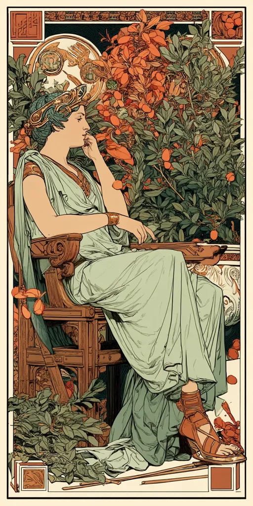 A woman in a flowing, light green robe sits pensively on an ornate wooden chair, surrounded by lush foliage and vibrant orange blossoms.  Her pose is serene, her hand resting gently on her chin.  The detailed artwork features Art Nouveau style, with rich colors and intricate decorative elements framing the scene.  The overall mood is one of quiet contemplation amidst nature's abundance.
