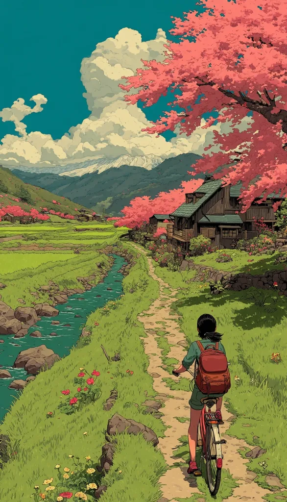 A young woman cycles along a tranquil path, flanked by a vibrant green landscape.  A stream meanders alongside, leading towards a quaint village nestled amongst blossoming cherry trees and rice paddies. Mountains rise in the distance under a partly cloudy sky, creating a serene and picturesque scene. The artwork is stylized, with bold outlines and soft color palettes.