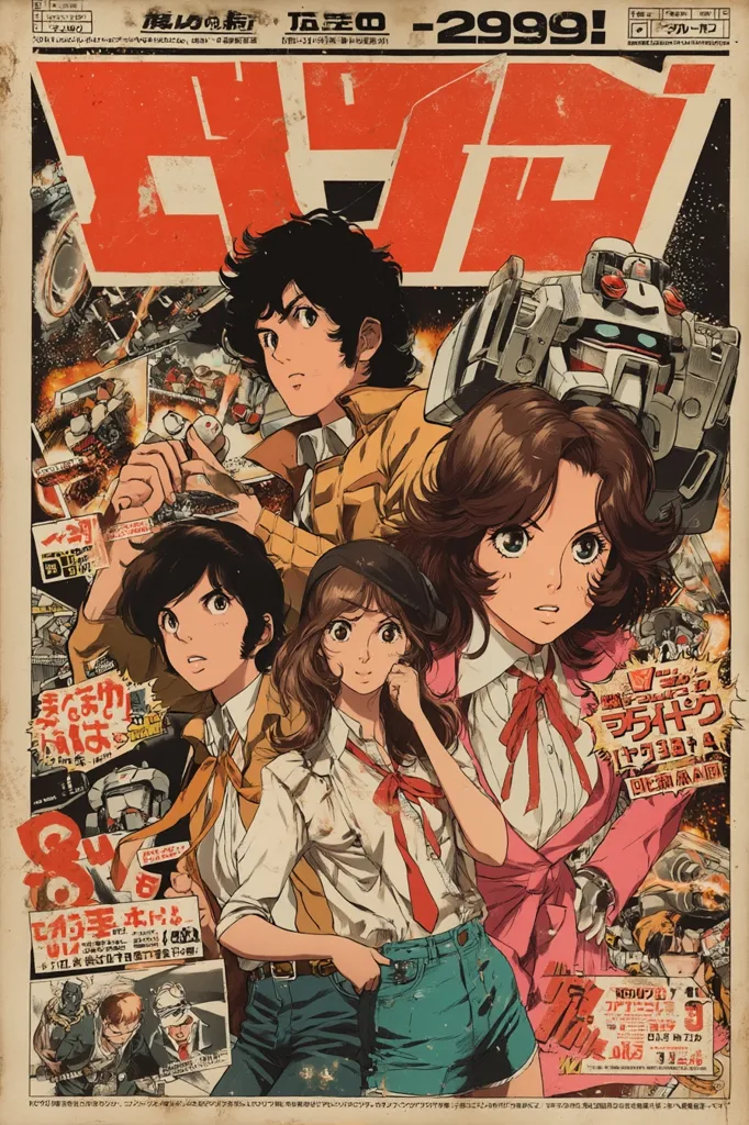 This vintage-style poster showcases a vibrant anime artwork.  The central figures are four young adults, two male and two female, styled in 70s-80s fashion.  A large mecha robot is featured prominently in the background, alongside smaller scenes suggesting action and adventure. The Japanese text, partially visible, likely provides additional details about the anime, its title and release date. The overall aesthetic evokes a classic science fiction anime feel with a retro color palette and distressed texture.