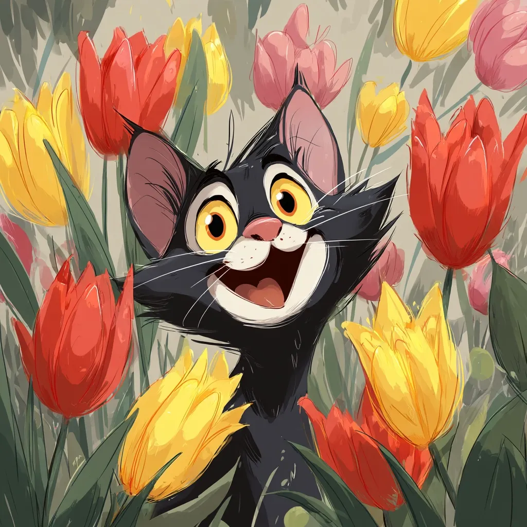 A cheerful black cat with large, expressive eyes peeks out from a vibrant garden filled with red and yellow tulips.  Its mouth is open in a joyful expression, surrounded by the colorful blooms. The art style is whimsical and cartoonish, with loose brushstrokes creating a lively atmosphere. The cat appears happy and playful amidst the spring flowers.