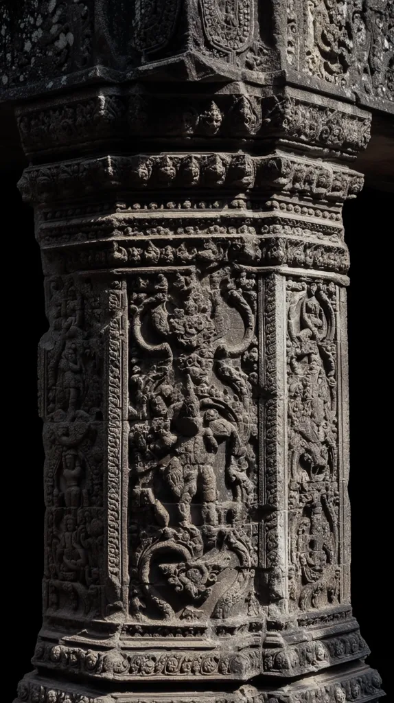 A detailed close-up reveals an intricately carved stone pillar, possibly from an ancient temple.  The pillar's surface is densely covered with bas-relief sculptures depicting mythical creatures, humans, and intricate floral patterns. The dark stone contrasts with the light highlighting the depth and detail of the carvings, suggesting age and weathering.  The craftsmanship is remarkably fine, showing a high level of artistic skill.
