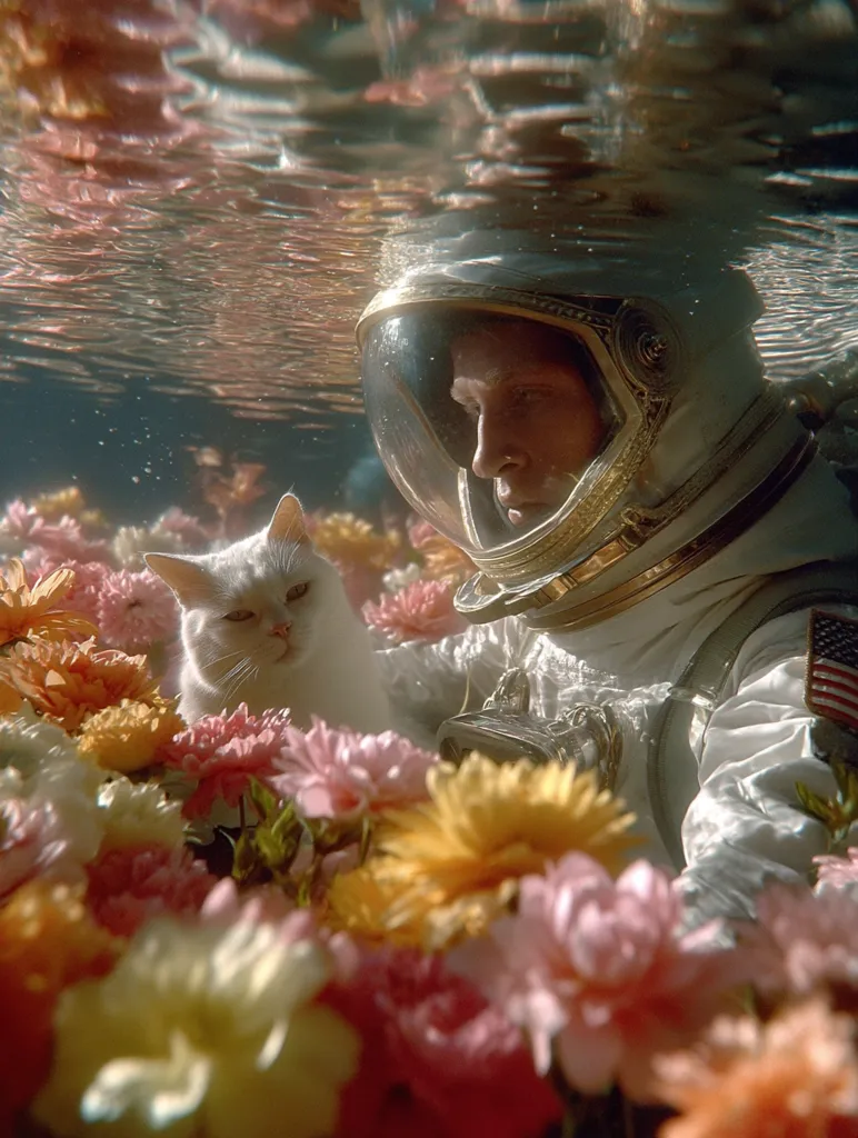 An astronaut, submerged in water, sits amidst a vibrant field of flowers.  A white cat rests peacefully nearby. The scene is surreal and dreamlike, the astronaut's helmet reflecting the water's surface and the colorful blooms.  The image evokes a sense of tranquility and unexpected juxtaposition.