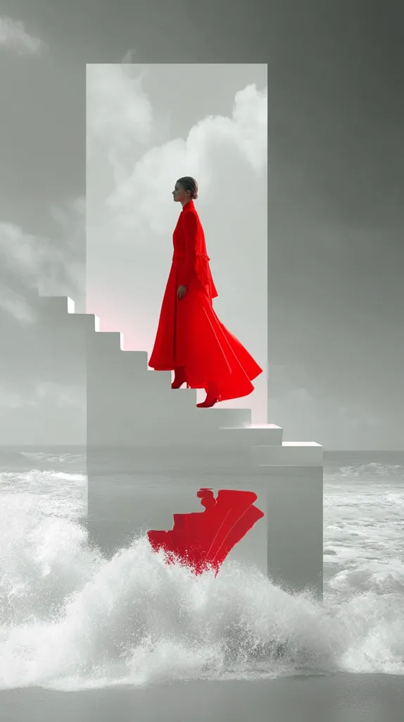 A woman in a vibrant red coat ascends a stark white staircase, set against a grayscale beach and sky. The scene is surreal, with the red coat a striking contrast to the monochromatic background.  The staircase leads into a rectangular frame, creating a feeling of entering a new space.  Ocean waves crash below, mirroring the shape of the red coat in a splash of red.