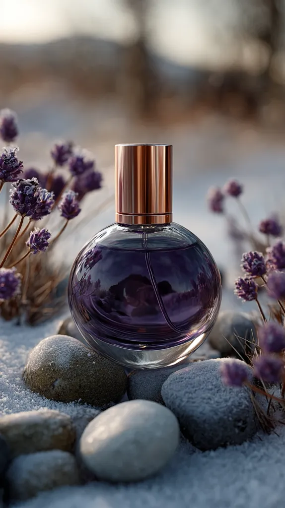 A dark purple perfume bottle with a rose gold cap sits amidst smooth, frosted stones and delicate purple flowers dusted with snow. The setting suggests a cold, serene winter landscape, enhancing the fragrance's luxurious and sophisticated feel.  The image evokes a sense of calm and tranquility.