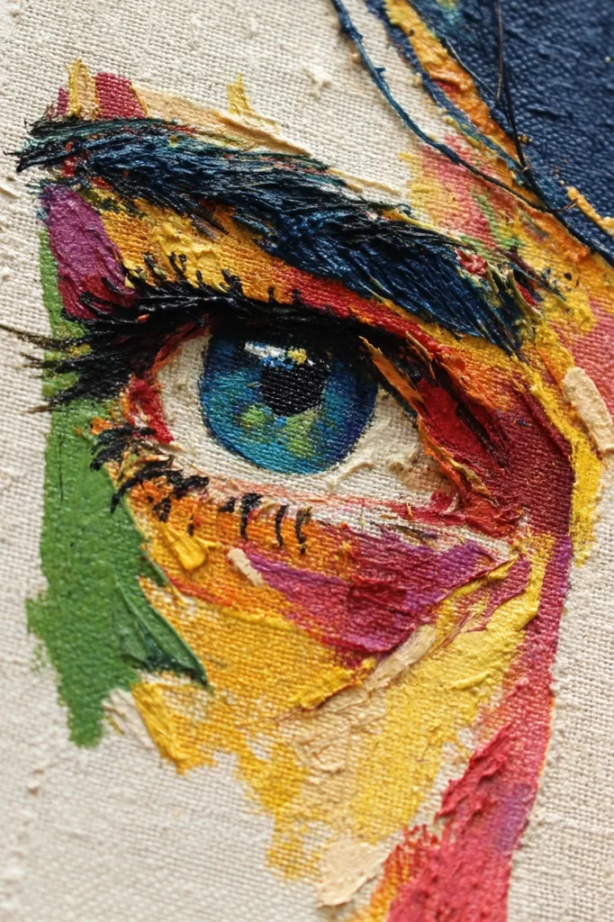 A vibrant, close-up oil painting of a human eye.  The style is impasto, with thick, textured brushstrokes in a palette of blues, greens, yellows, reds, and purples.  The eye is striking, the blue iris detailed against the richly colored surrounding skin, showcasing a dynamic and expressive artistic approach.  The canvas texture is visible beneath the paint.