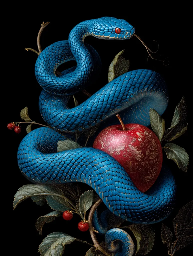A vibrant, hyperrealistic depiction of a bright blue snake coiled around a red apple on a dark background.  Intricate details showcase the snake's scales and the apple's ornate design.  The scene evokes a sense of mystery and alludes to the biblical story of the Garden of Eden. The composition is rich in contrast and symbolic meaning.