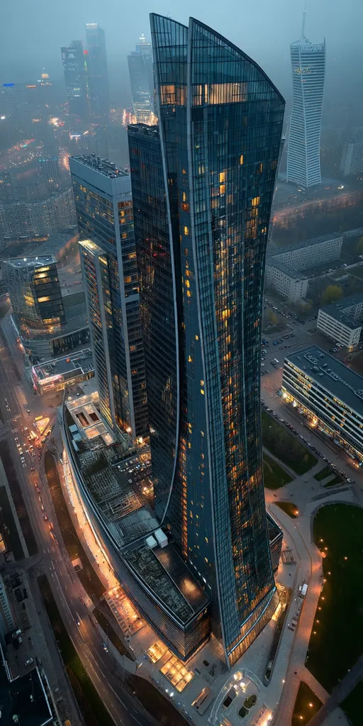 An aerial twilight view showcases a modern, sleek skyscraper in Warsaw, Poland.  Its unique curved design stands out against the surrounding cityscape.  Luminous windows illuminate the building's interior.  Other high-rises and city streets are visible, creating a dramatic contrast between the architectural marvel and the urban landscape.  The image captures the city's dynamic blend of modern architecture and urban development.