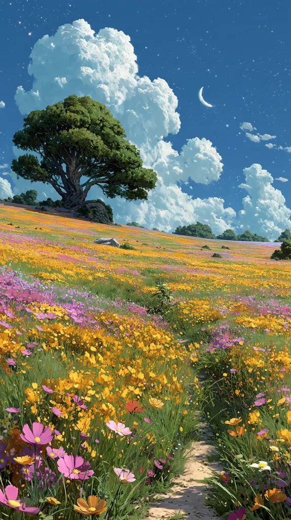 A vibrant, idyllic landscape unfolds under a bright blue sky dotted with fluffy clouds and a crescent moon. A large, verdant tree stands majestically atop a gently sloping hill, overlooking a sprawling field bursting with wildflowers in a kaleidoscope of yellows, pinks, and purples. A sunlit path winds through the floral expanse, inviting the viewer on a tranquil journey through this breathtaking scene.