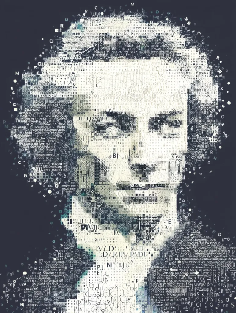 A portrait of a person is depicted using a mosaic of fragmented text.  The image is primarily composed of letters and symbols, creating a pixelated effect. The style is abstract and modern, with the figure's features emerging from the chaotic arrangement of typographic elements. The dark background contrasts with the lighter tones of the portrait, forming a visually striking composition.