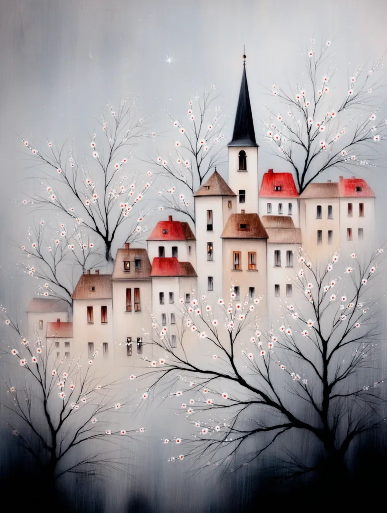 A dreamy village scene unfolds under a soft, gray sky.  Small, white houses with red roofs huddle together, a church steeple rising above.  Delicate, blossoming trees in the foreground frame the tranquil village, their white flowers contrasting with the muted background. The overall mood is serene and peaceful, evoking a sense of quiet contemplation.