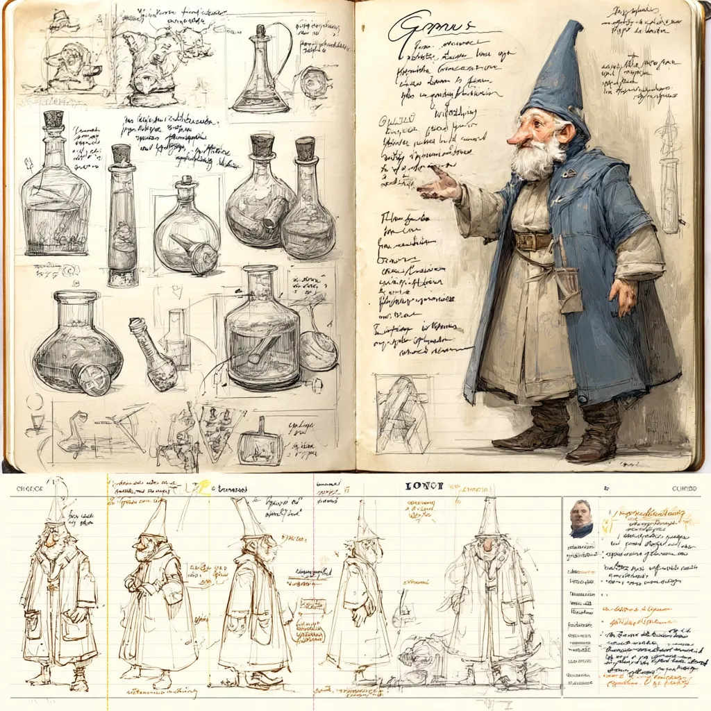 A sketchbook page features detailed drawings of a gnome alchemist.  The left side showcases various potion bottles and flasks in meticulous pencil sketches.  The right side depicts the gnome, fully rendered with notes describing his attire and character.  Additional pages include multiple character sketches and design notes, suggesting character development and world-building for a potential project.  The style is reminiscent of fantasy illustration.