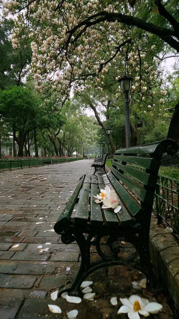A serene park scene unfolds, showcasing a dark green park bench beneath a magnolia tree laden with delicate white blossoms.  Fallen petals scatter on the brick pathway, leading the eye down a tree-lined avenue.  Old-fashioned lampposts stand sentinel, adding to the tranquil atmosphere. The overall mood is one of peaceful contemplation and natural beauty.
