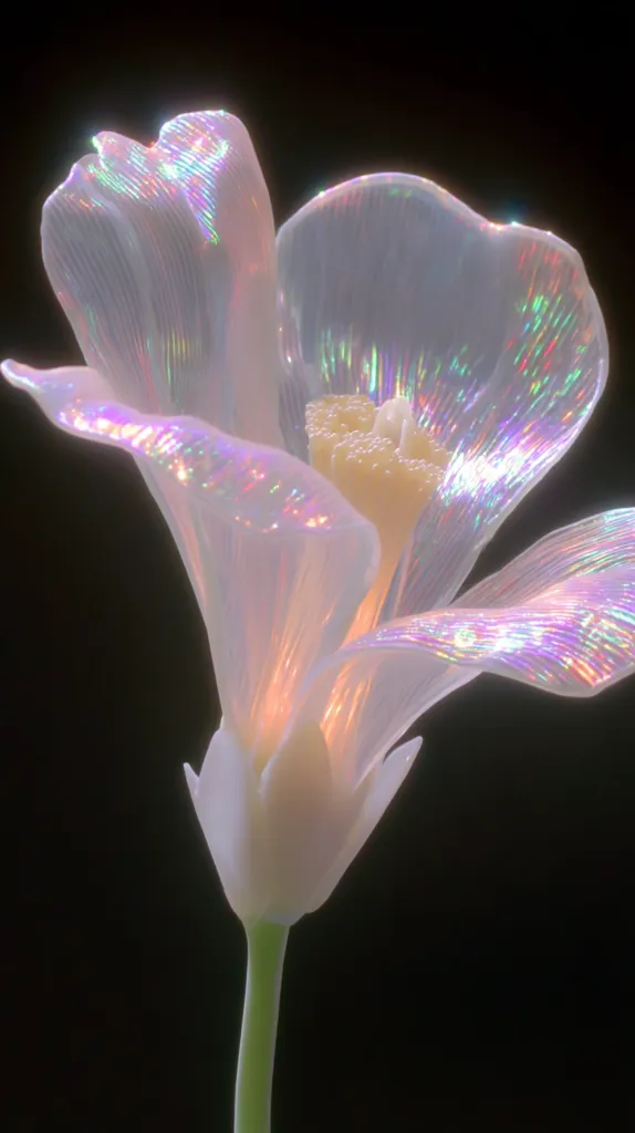 A single, ethereal flower blooms against a stark black backdrop.  Its petals are translucent, almost iridescent, shimmering with pastel rainbow hues.  The delicate structure and soft light emanating from within create a dreamy, otherworldly aesthetic.  The image evokes a sense of magical realism and delicate beauty.