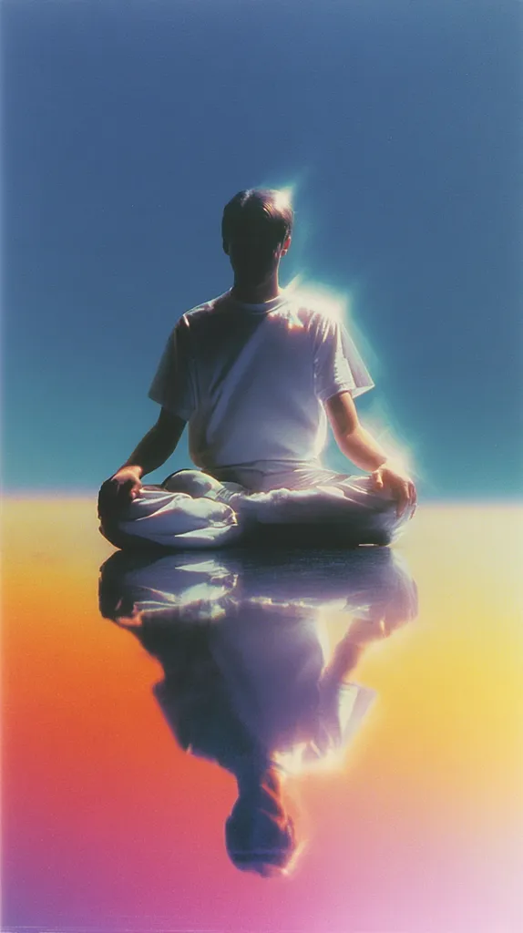A person sits cross-legged in a meditative pose against a vibrant, gradient background transitioning from blue to orange.  The individual wears a simple white shirt and pants.  A reflective surface below mirrors the figure, creating a surreal, almost ethereal atmosphere.  The image is bathed in a soft, diffused light, enhancing the contemplative mood.