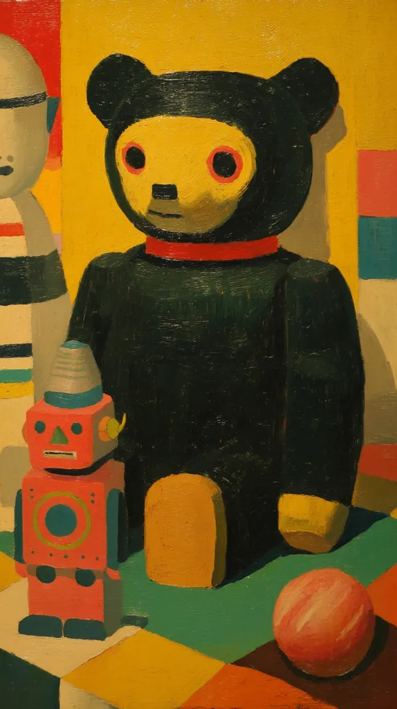 A stylized oil painting depicts a collection of toys arranged on a geometrically patterned surface.  A large, black teddy bear with yellow face dominates the center, flanked by a simplified robot and a light-skinned figure resembling a doll or mannequin.  Bold colors and simplified forms characterize the playful composition, reminiscent of children's illustrations or vintage toy designs.  A pink sphere rests near the bottom right, adding a final touch to the vibrant scene.