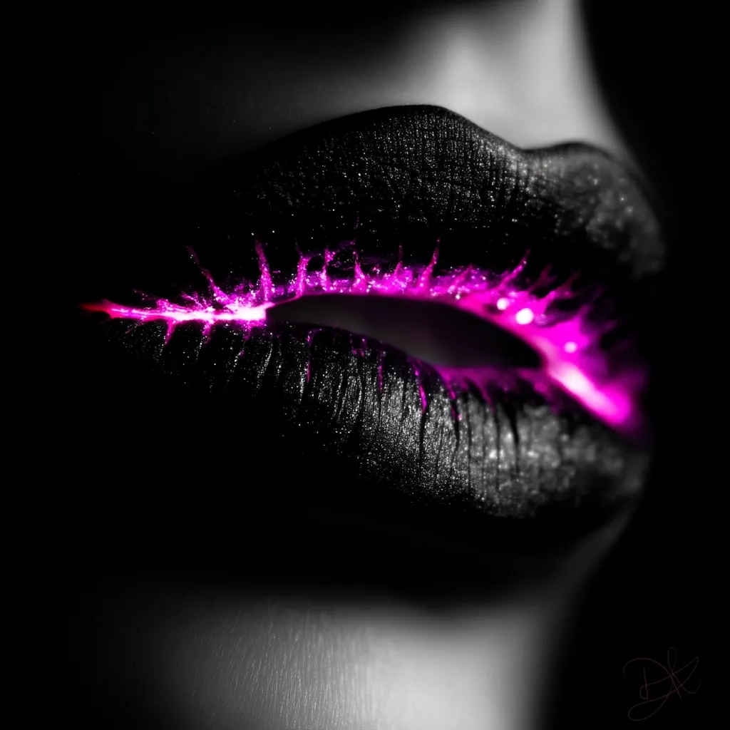 Close-up of a woman's lips, dramatically styled with dark, glittery black lipstick.  A vibrant pink, almost neon, paint-like substance is splashed across the center of the lower lip, creating a striking contrast.  The image is predominantly black and white, highlighting the bright pink accent. The overall effect is bold and artistic.