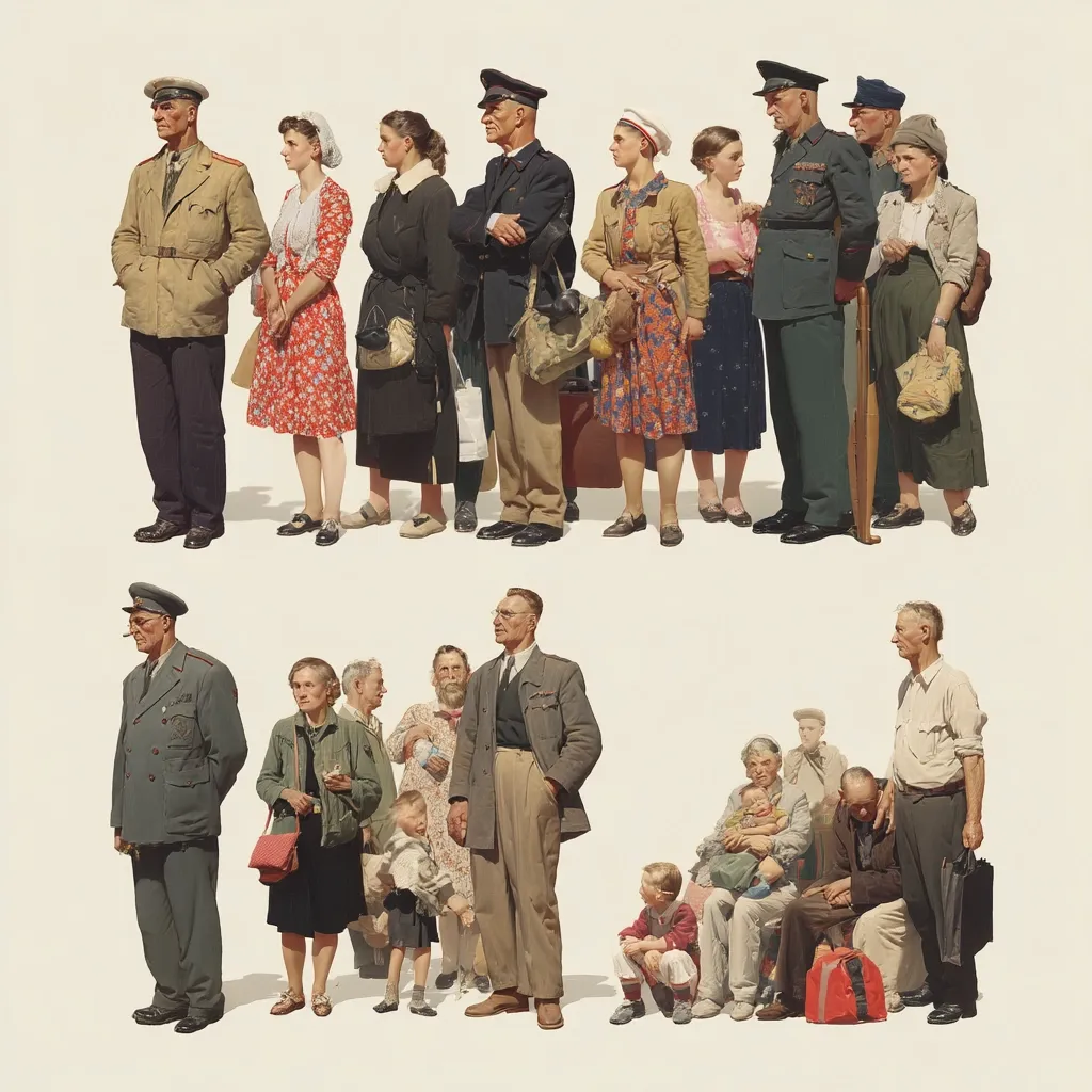 The artwork depicts two rows of people, possibly refugees or displaced persons, waiting patiently.  The top row features individuals in military uniforms and civilian attire, carrying luggage. The bottom row shows a diverse group, including families with children and elderly individuals, some appearing weary.  The overall style suggests a realistic depiction of a poignant moment during a period of displacement.