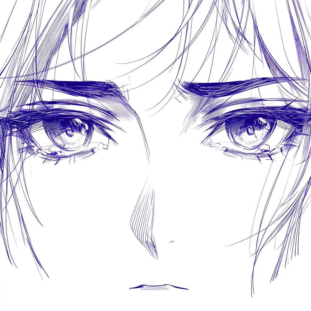 A close-up, stylized sketch of a woman's face, rendered in shades of blue.  Her large, expressive eyes are the focal point, conveying sadness or contemplation.  The drawing style is reminiscent of anime or manga, with delicate lines emphasizing the hair and facial features.  The overall effect is one of quiet emotion and vulnerability.
