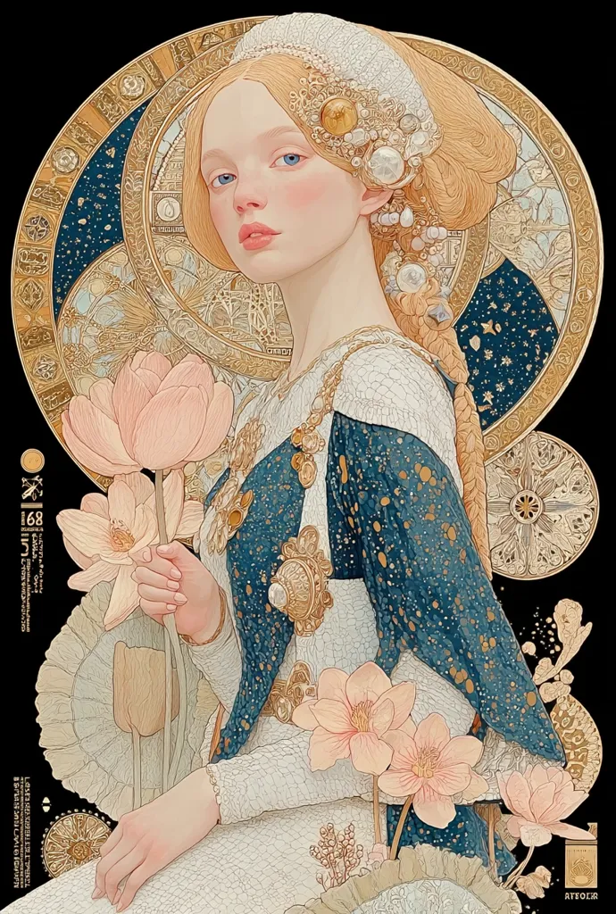 A digital painting in the Art Nouveau style depicts a fair-skinned woman with flowing blonde hair adorned with a pearl and gold headpiece. She wears an elegant teal and white gown embellished with gold detailing and holds delicate pink lotus flowers.  The intricate background features circular gold designs and a dark blue starry sky, creating a mystical and ethereal atmosphere.  The overall style is highly detailed and reminiscent of Alphonse Mucha's work.
