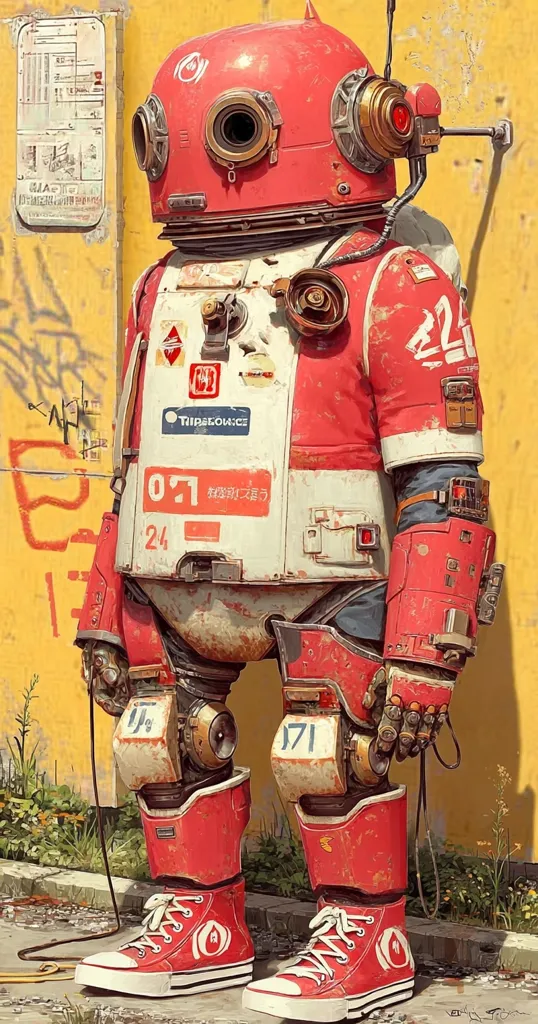 A rusty red robot, reminiscent of vintage sci-fi, stands against a graffiti-covered yellow wall.  It wears high-top red sneakers and has various numbers and symbols on its body, suggesting a unique identity or purpose.  The robot's design blends retro aesthetics with futuristic elements, creating a captivating blend of old and new.  The overall style is detailed and painterly, with a focus on texture and wear.