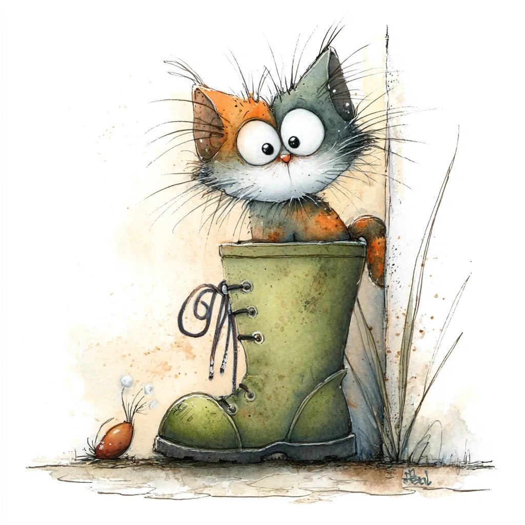 A whimsical watercolor painting depicts a cartoon cat with oversized eyes, partially hidden inside an oversized green boot.  The cat is orange and grey, with spiky fur.  The boot is laced and sits near some blades of grass and a tiny creature resembling a bug. The style is playful and slightly surreal.  The background is a soft, muted beige.