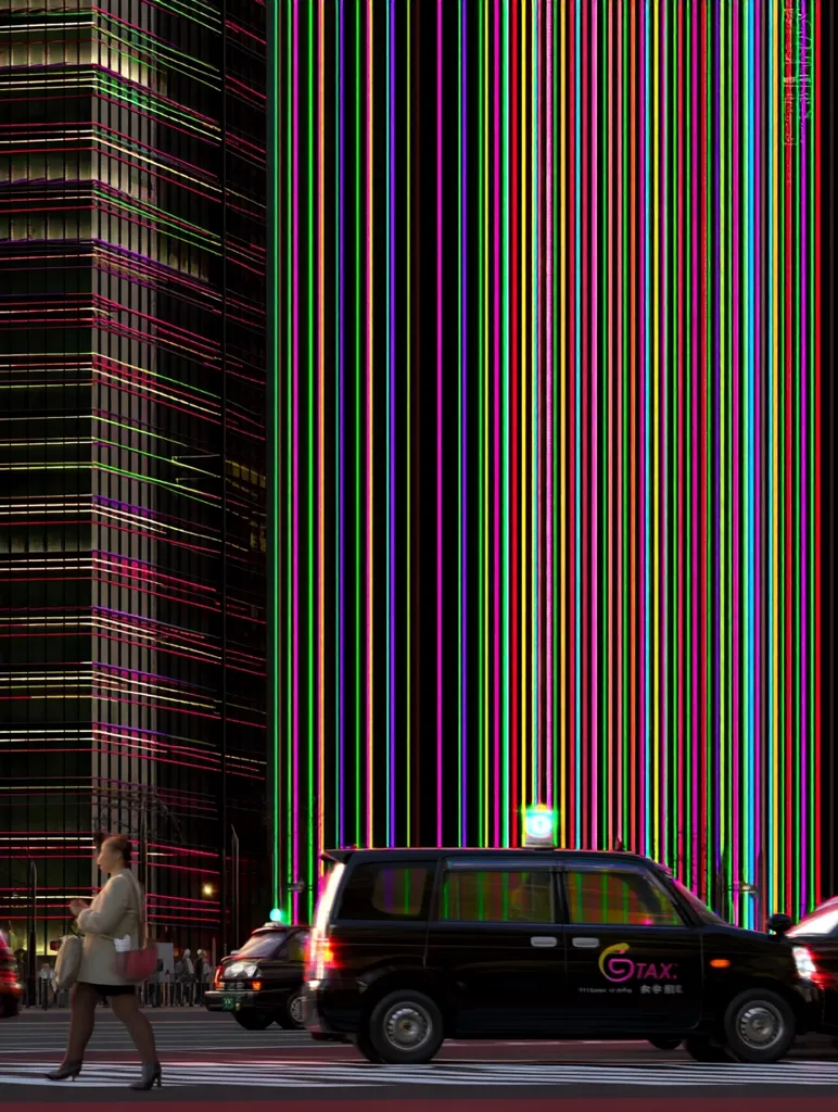 A woman walks past a brightly lit city street at night.  A black taxi is stopped in front of a building adorned with vibrant, vertical neon stripes. The building's facade is a contrasting grid of lights. The scene is modern and urban, with a strong emphasis on color and light.  The overall effect is one of vibrant energy and city life.