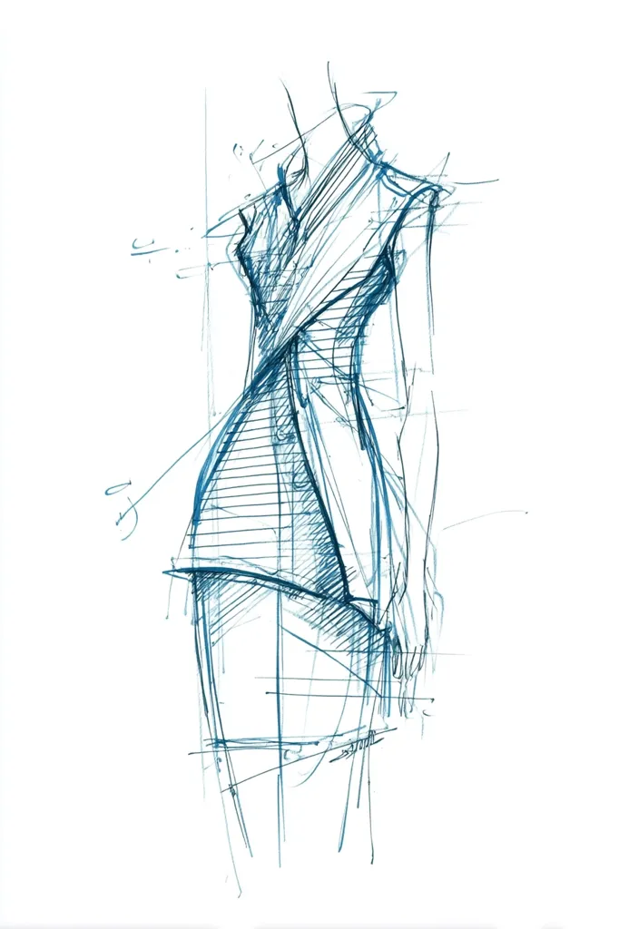 A fashion sketch depicts a sleeveless dress with an asymmetrical, draped design.  The sketch is rendered in blue tones, showing construction lines and detailing the fabric's drape and form.  The figure is slender and the dress appears form-fitting, with a high neckline.  The overall style suggests a modern, minimalist aesthetic.  The sketch is detailed but retains a fluid, expressive quality.