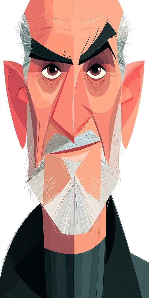 A stylized portrait of a balding, elderly man with a prominent nose and bushy, gray beard.  His expression is serious, almost stern. The illustration uses bold, geometric shapes and flat colors, giving it a modern, graphic feel.  The man's features are exaggerated, creating a caricature-like effect.  He wears a dark-colored, collared garment.
