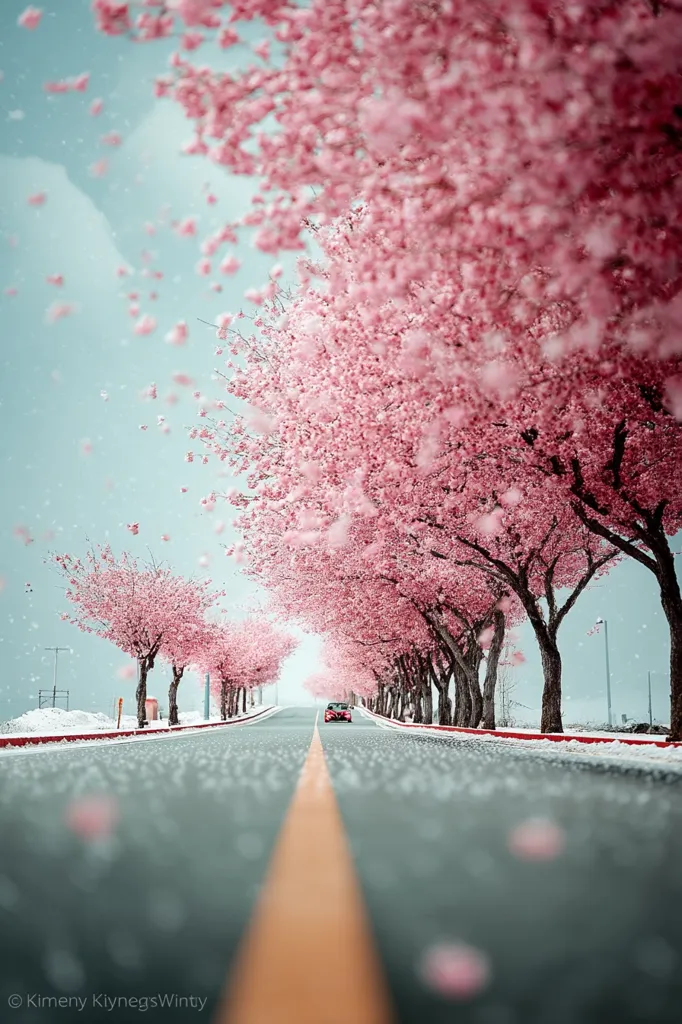 A picturesque road lined with blossoming pink cherry trees stretches into the distance.  Petals gently fall from the branches, creating a magical atmosphere.  A single car travels down the center, adding a sense of scale to the scene. The road is bordered by snow, suggesting a late winter or early spring setting. The overall effect is serene and beautiful.