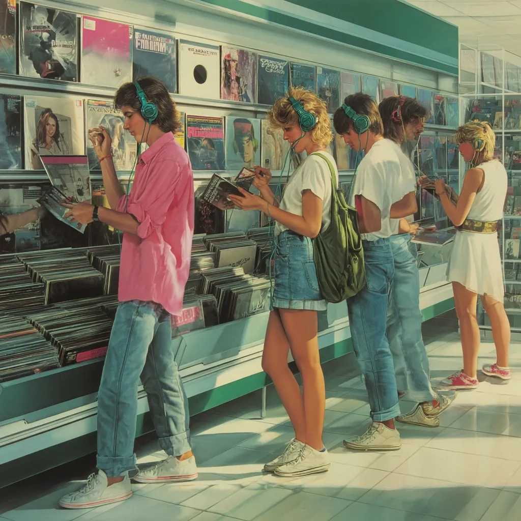 A vibrant 1980s record store scene unfolds, showcasing five young adults engrossed in browsing vinyl records.  Wearing pastel clothing and headphones, they listen to music while selecting albums.  The store is brightly lit, with rows of colorful album covers lining the walls, creating a nostalgic atmosphere of a bygone era of music discovery.  The scene captures the energy and excitement of a record store in its prime.