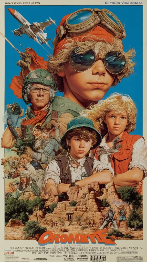 A vibrant movie poster for "Cromite" showcases a young boy in aviator goggles, leading a group of adventurers.  Older figures, possibly mentors, flank him, while younger companions stand beside.  The backdrop depicts an ancient, desert-like landscape with ruins, hinting at an archaeological or historical adventure.  A futuristic aircraft is visible in the upper-left, suggesting a blend of past and future settings.  The overall style is reminiscent of 1980s adventure films.