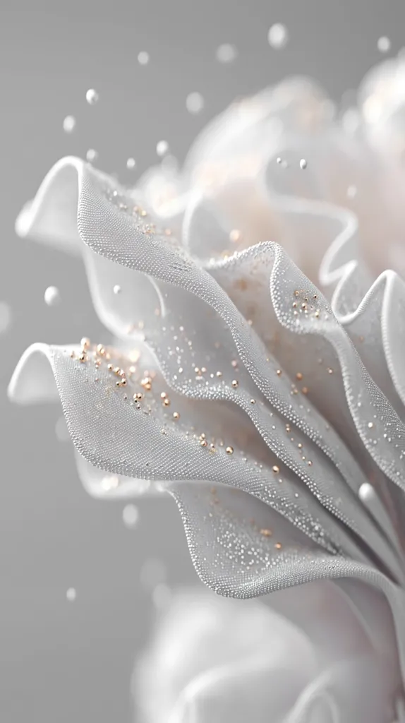 A close-up shot reveals a delicate, white fabric, seemingly composed of countless tiny beads, forming soft, undulating waves.  Rose gold-colored beads are interspersed, adding a touch of shimmer and luxury.  The overall impression is one of ethereal beauty and elegant simplicity against a muted gray background.  Small beads appear to be floating in the air surrounding the fabric.