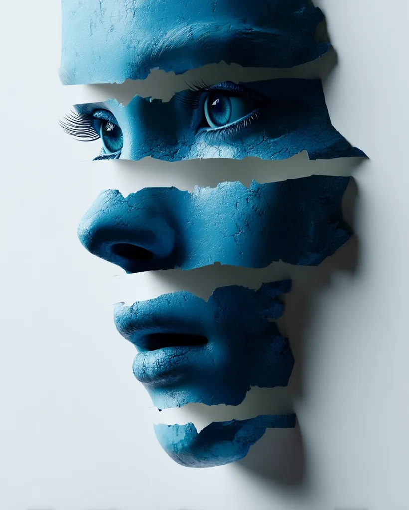 A stylized, fragmented face is depicted in shades of blue.  The face appears to be made of cracked or torn material, revealing glimpses of eyes and lips. The overall effect is one of vulnerability and mystery, suggesting hidden emotions or a fractured identity. The monochromatic color palette emphasizes the artistic and surreal nature of the image.