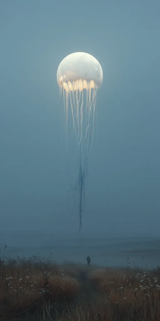 A giant, luminous jellyfish-like creature hangs in a misty, muted sky above a desolate, grassy plain.  A lone figure walks towards it in the distance, dwarfed by the immense scale of the otherworldly being. The overall atmosphere is surreal and somewhat melancholic, evoking a sense of mystery and wonder.