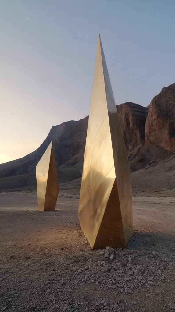 Two large, golden, geometric sculptures stand in a desert landscape.  The taller sculpture is a sharp, pointed spire, while a smaller, similar shape rests nearby.  The setting sun casts warm light on the metallic surfaces, contrasting with the rocky, arid background.  The scene evokes a sense of minimalist art in a vast, natural environment.