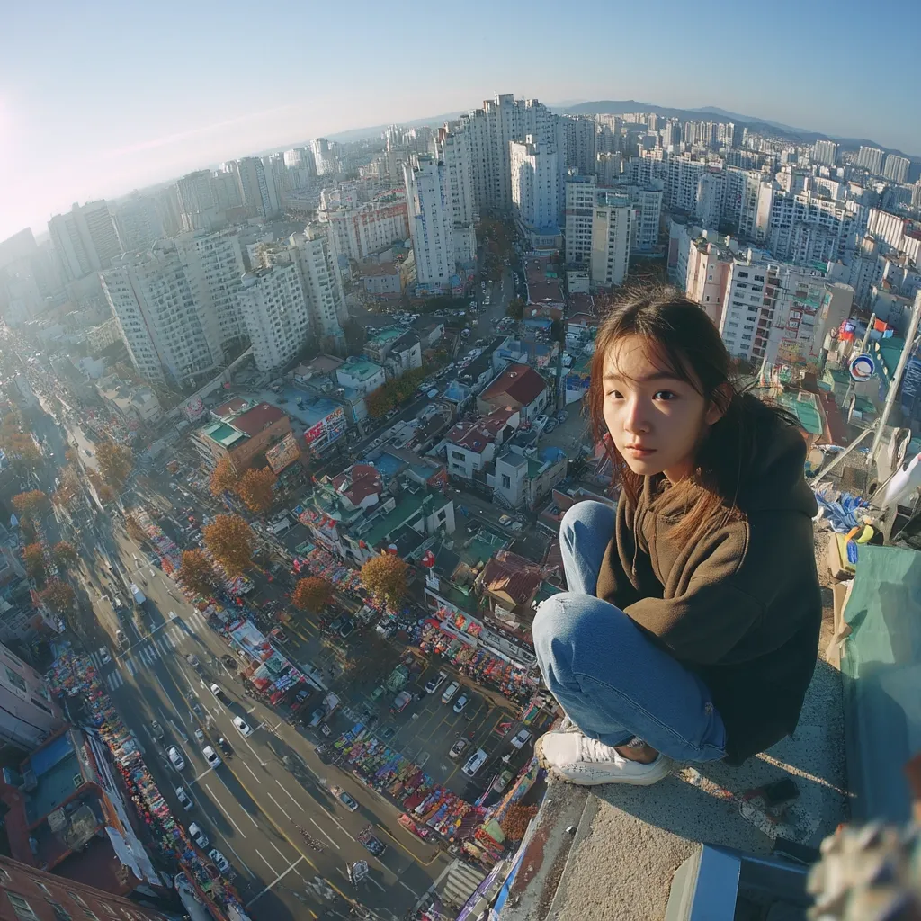 A young woman sits perched on a rooftop, her legs tucked beneath her.  She gazes directly at the camera, offering a candid expression.  Below, a sprawling cityscape unfolds, a vibrant tapestry of buildings and streets bustling with activity. The view is panoramic, capturing the urban landscape in all its detail, from towering skyscrapers to smaller residential structures.  The sun casts long shadows across the city, indicating either sunrise or sunset.