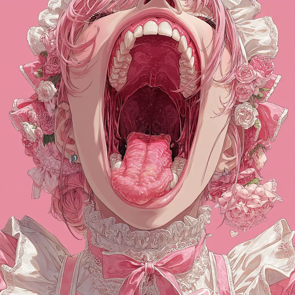 A close-up illustration depicts a girl with pink hair styled in a bun, adorned with pink roses and lace.  Her mouth is open wide, revealing an exaggeratedly large tongue and teeth, creating a surreal and slightly unsettling image.  The overall palette is in shades of pink, contributing to the dreamlike, yet disturbing aesthetic.  The style is reminiscent of digital art with meticulous detail.