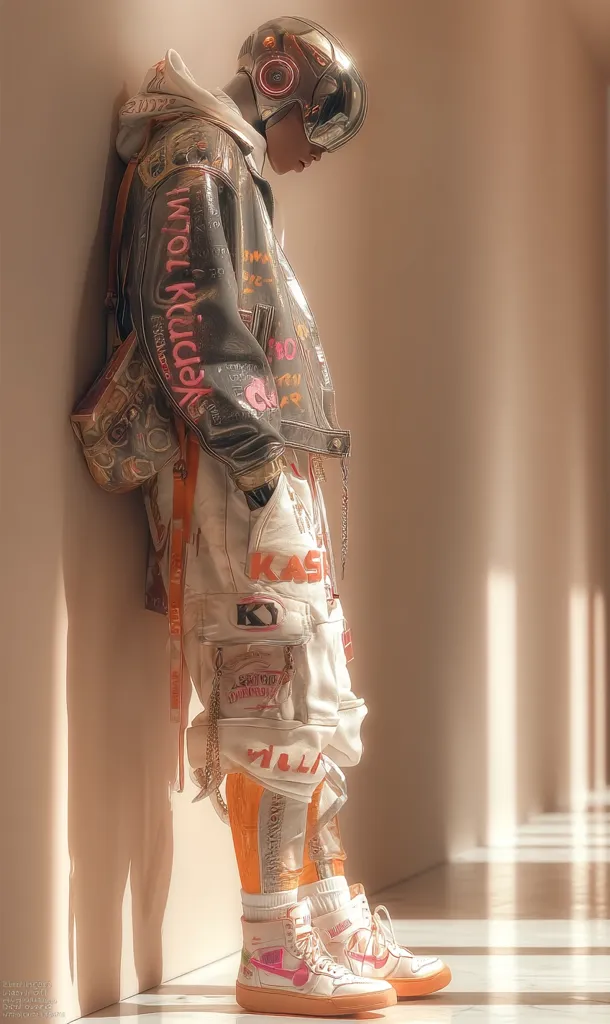 A stylish figure, clad in a futuristic ensemble, leans against a wall bathed in soft sunlight.  The outfit features a graffiti-printed leather jacket, white cargo pants with graphic details, and vibrant orange-and-white high-top sneakers.  A chrome helmet completes the look, adding a cyberpunk aesthetic to the scene. The overall style blends streetwear with high-tech elements.