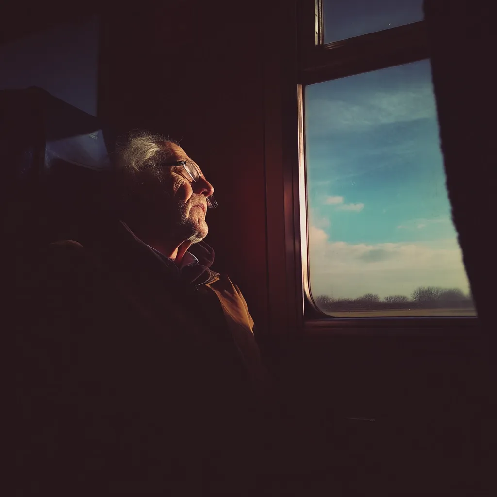 An elderly man with glasses sits by a train window, gazing out at a bright, partly cloudy sky.  The sunlight illuminates his profile, casting the interior of the train into shadow.  He appears contemplative, lost in thought as the landscape unfolds beyond the glass. The image evokes a sense of journey and reflection.
