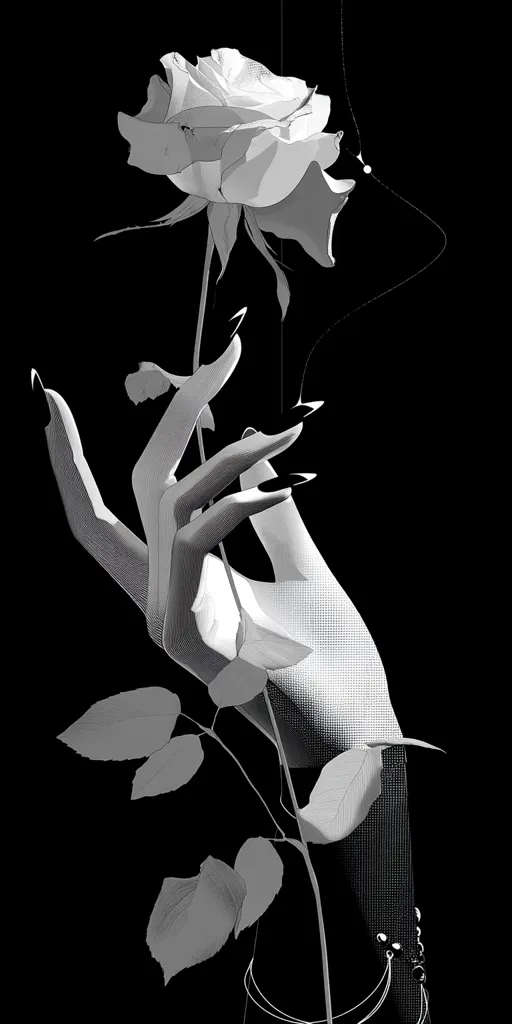 A grayscale illustration showcases an elegant hand delicately holding a single rose.  The hand, adorned with long, dark nails, is rendered with detailed shading, creating a striking contrast against the smooth petals of the bloom.  The rose stem extends downwards, accompanied by leaves, emphasizing the contrast between delicate flower and strong hand.  The background is a stark black, focusing attention on the central image.